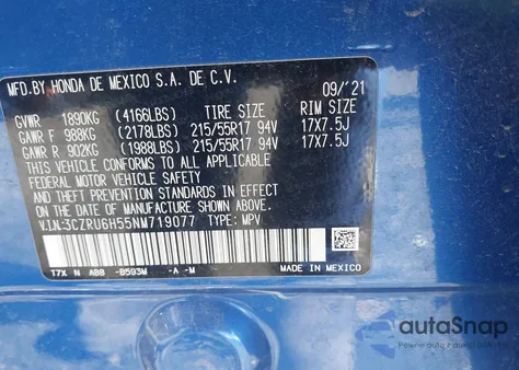 2022 Honda Hr-V Awd Ex из США, поврежденный, VIN 3CZRU6H55NM719077